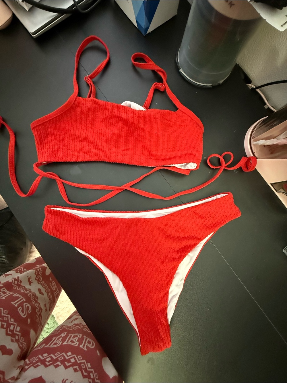 SHEIN Bright Red Ribbed Bikini Set